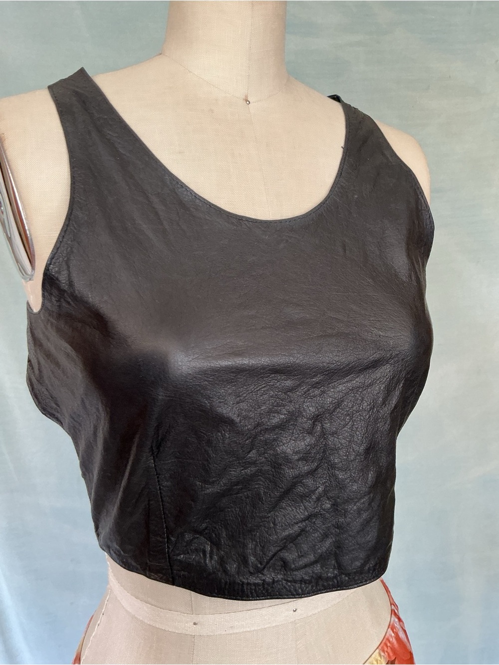 Black Vintage Leather Crop Top Open Back